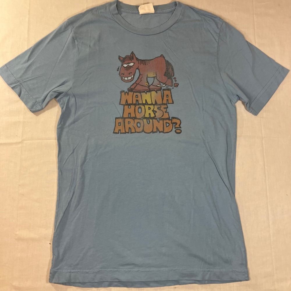 Knot Wanna Horse Around Graphic Tee Light Blue Mens Medium Made in USA Cotton